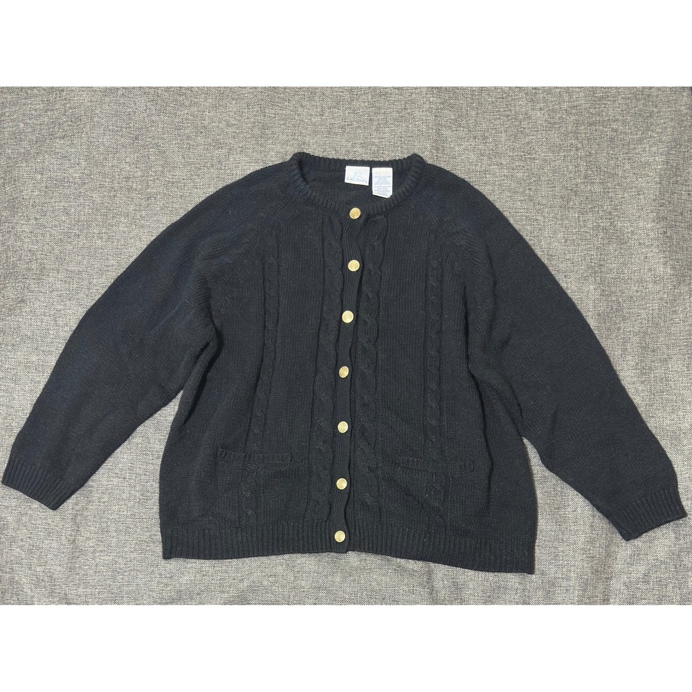Bobbie Brooks Women XL Cardigan Sweater Black Cable Knit Gold Button